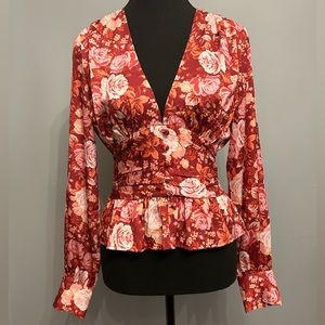 WAYF Pink Floral Peplum Long Sleeve Blouse, size XS